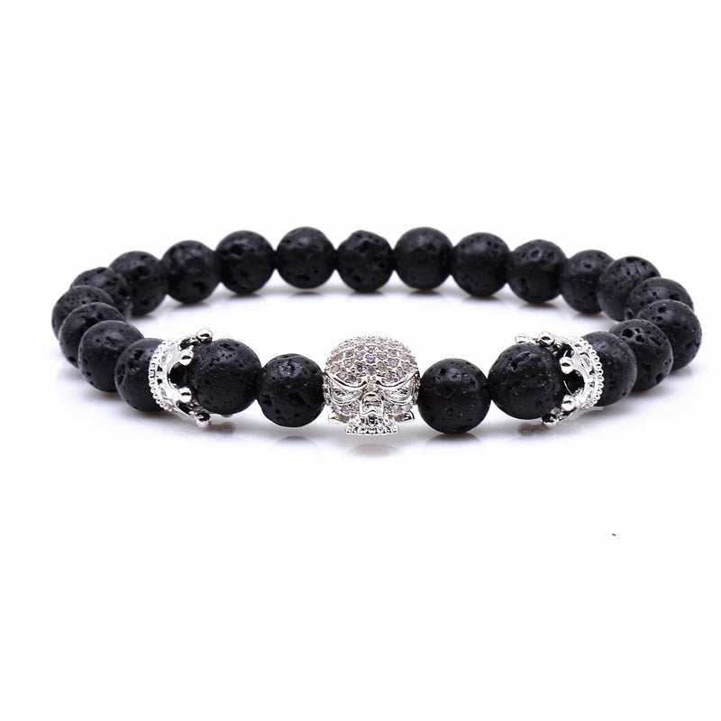 Natural Lava Stone Beaded Bracelet - CZ Crystal Hiphop Fashion Jewelry