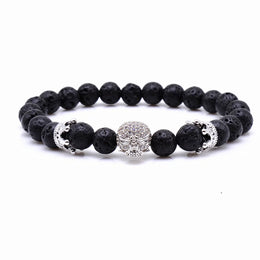 Natural Lava Stone Beaded Bracelet - CZ Crystal Hiphop Fashion Jewelry