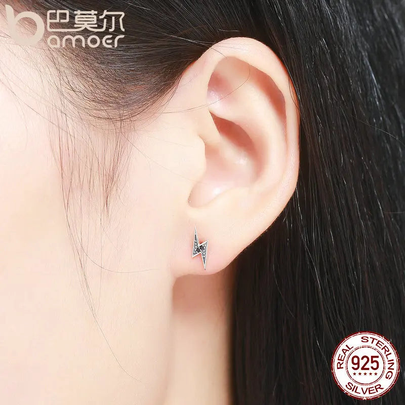 925 Sterling Silver Exquisite Lightning & Black CZ Stud Earrings - Edgy Jewelry