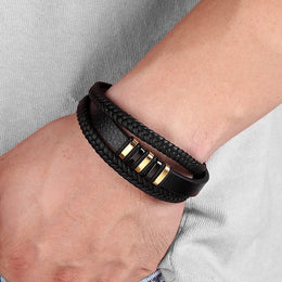 Multilayer Braided Black Leather Bracelet - Men's Magnetic Clasp Style