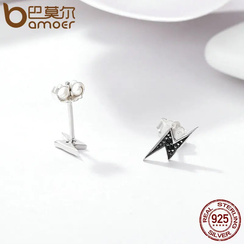 925 Sterling Silver Exquisite Lightning & Black CZ Stud Earrings - Edgy Jewelry