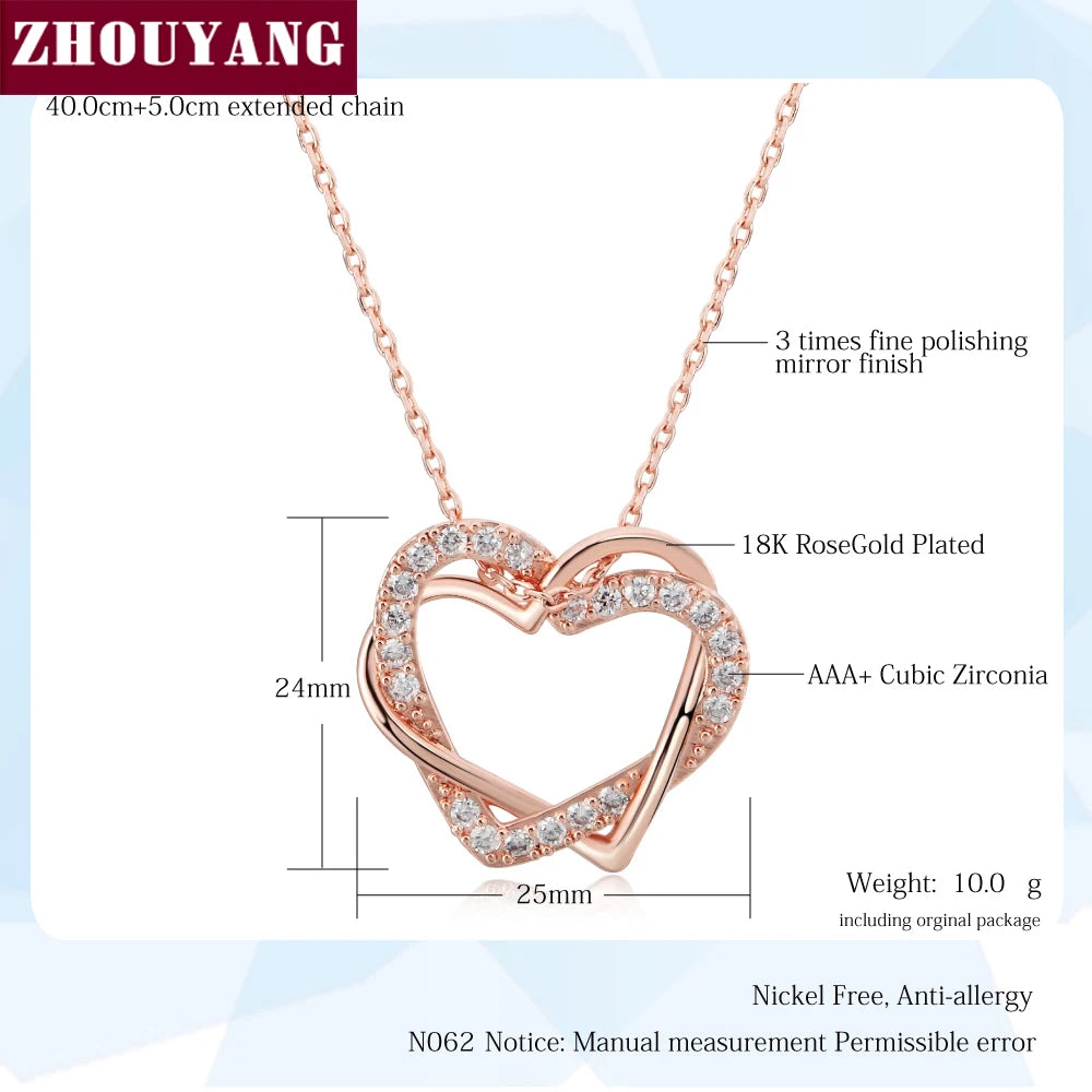 Heart to Heart Rose Gold Pendant Necklace - Cubic Zirconia Sparkle