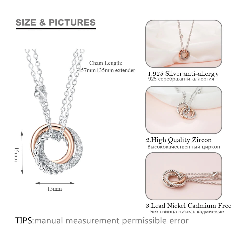 925 Sterling Silver Long Necklace - Rose Gold Zircon Pendant