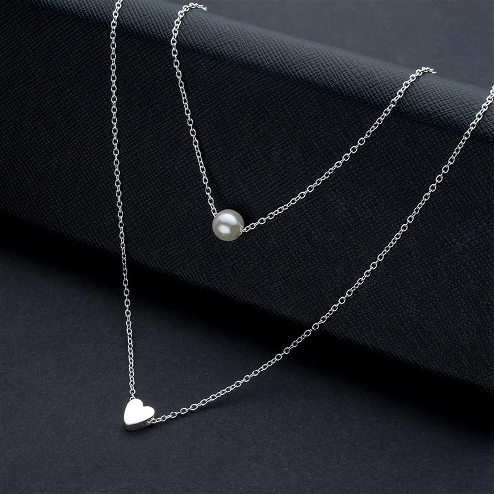 Sweet Double Layers Heart Pendant Necklace - Imitation Pearl Design