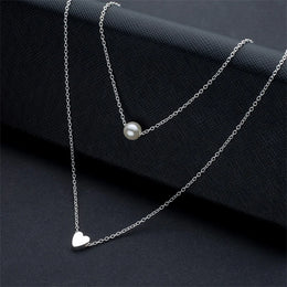 Sweet Double Layers Heart Pendant Necklace - Imitation Pearl Design
