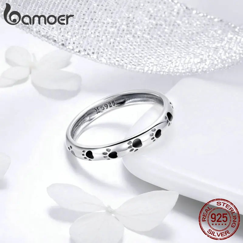 925 Sterling Silver Stackable Dog Cat Footprints Finger Ring - Pet Lover Jewelry