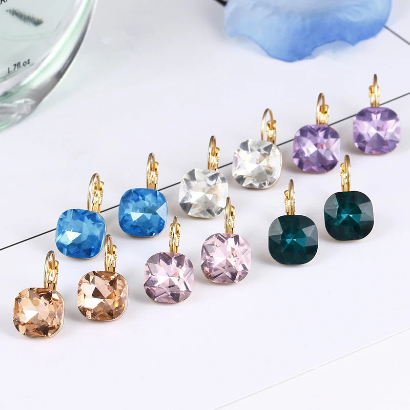 Classy Gold Color Square Stud Earrings - Crystal Metal Fashion Jewelry