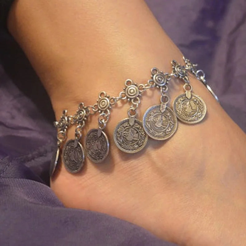 Vintage Bohemian Coin Tassel Anklet - Beach Jewelry