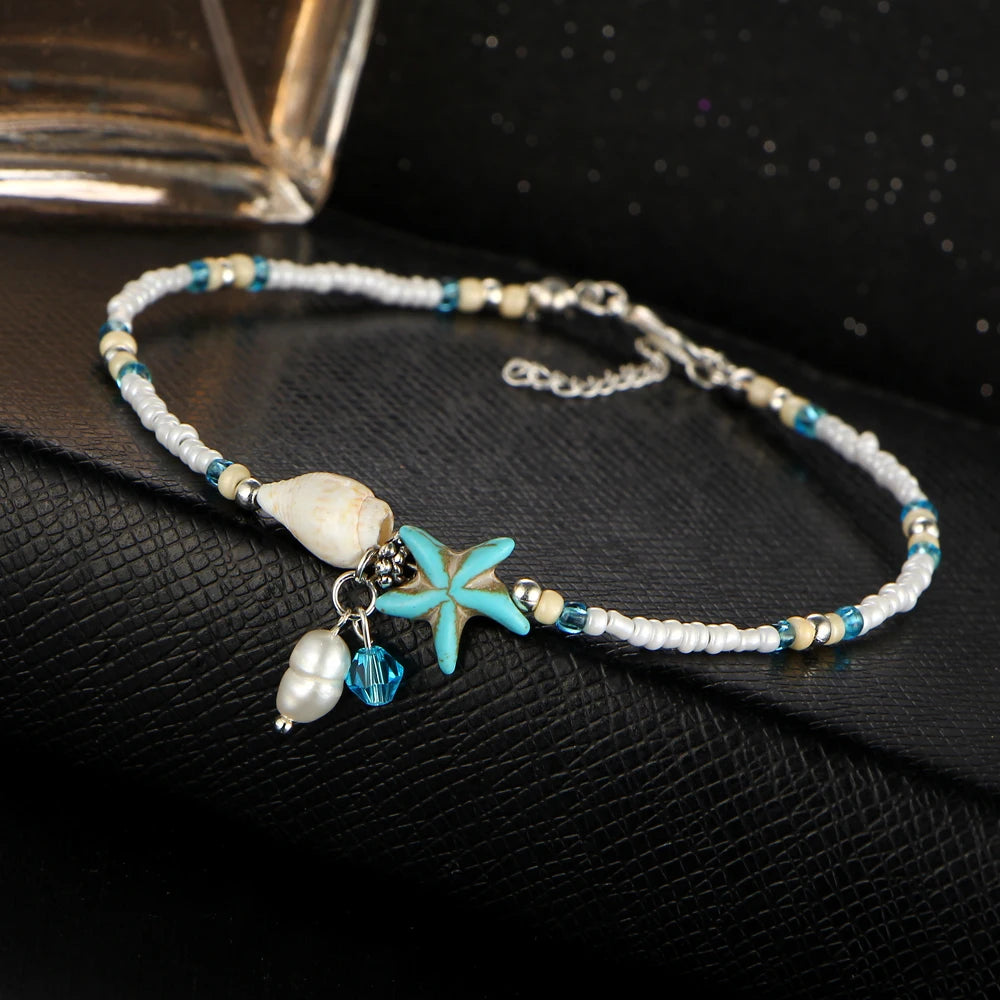 Bohemian Imitation Pearls Starfish Charms Bracelet - Silver Metal Anklet Jewelry