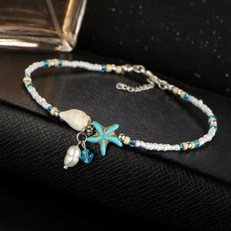 Bohemian Imitation Pearls Starfish Charms Bracelet - Silver Metal Anklet Jewelry