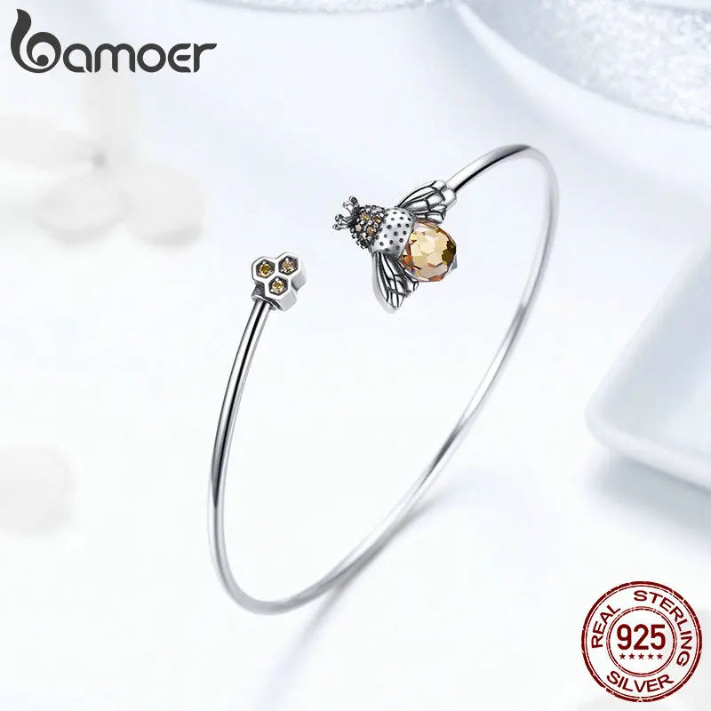 925 Sterling Silver Crystal Yellow Bee Bangle - Zircon Cuff Bracelet