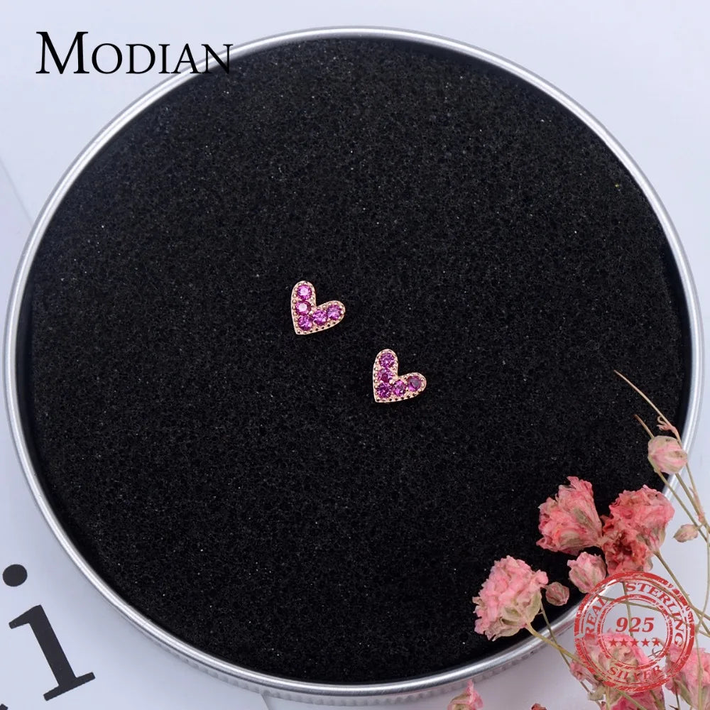 Genuine 925 Sterling Silver Heart Pink Stud Earrings - Romantic Jewelry