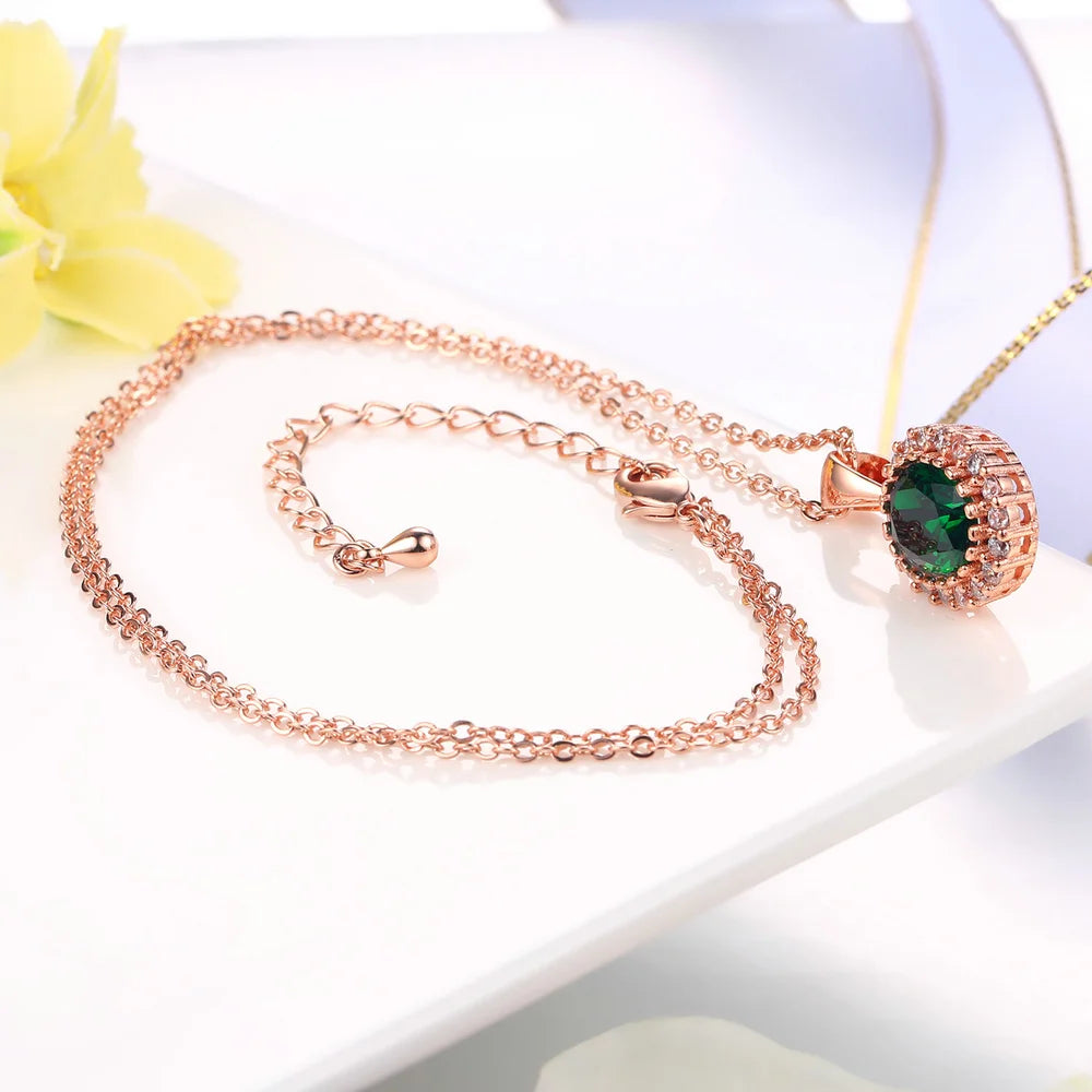 Rose Gold Green Crystal Pendant Necklace - Elegant Statement Jewelry