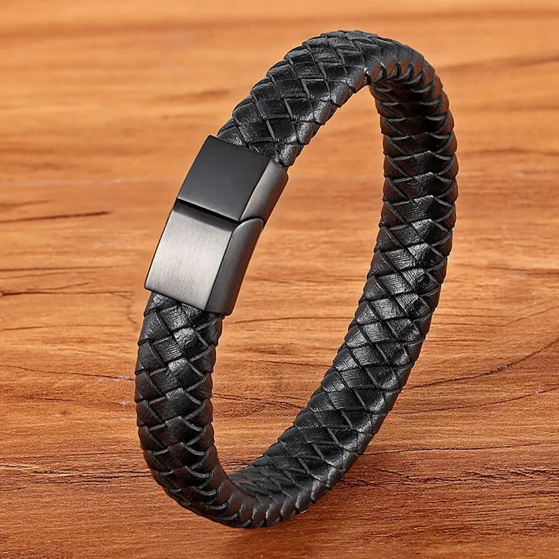 Multilayer Braided Black Leather Bracelet - Men's Magnetic Clasp Style