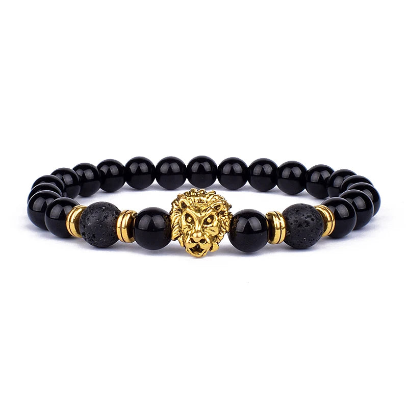 Obsidian Lion Head Charm Bracelet - Bold Beaded Energy Jewelry