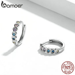 Heart-Shaped 925 Sterling Silver Rainbow Zircon Earrings - Hoop Fashion Jewelry