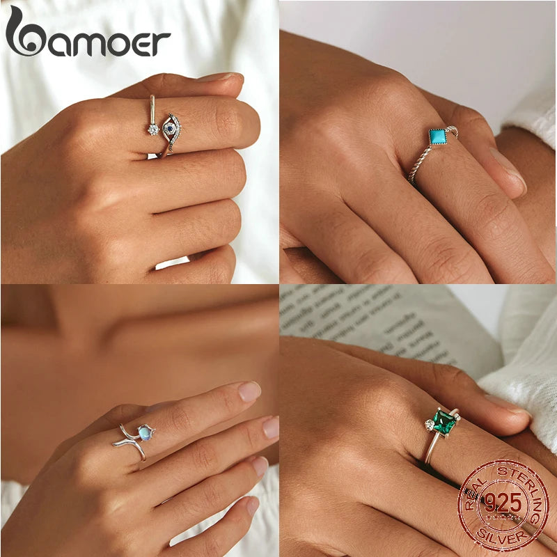 925 Sterling Silver Green Square Gemstone Open Ring - Adjustable Design