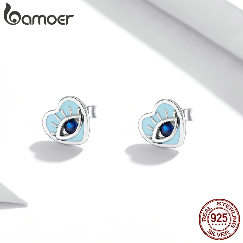 Silver Devil Eye 925 Sterling Silver Earrings - Heart Zircon Stud Jewelry