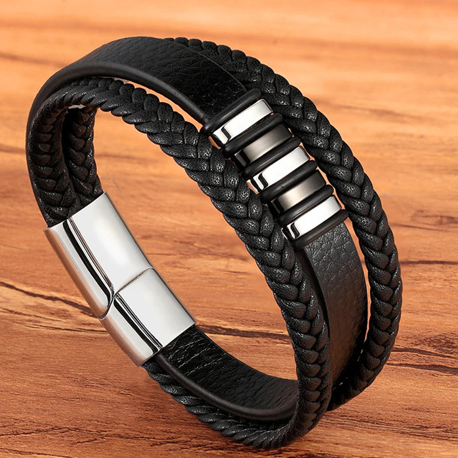 Multilayer Braided Black Leather Bracelet - Men's Magnetic Clasp Style