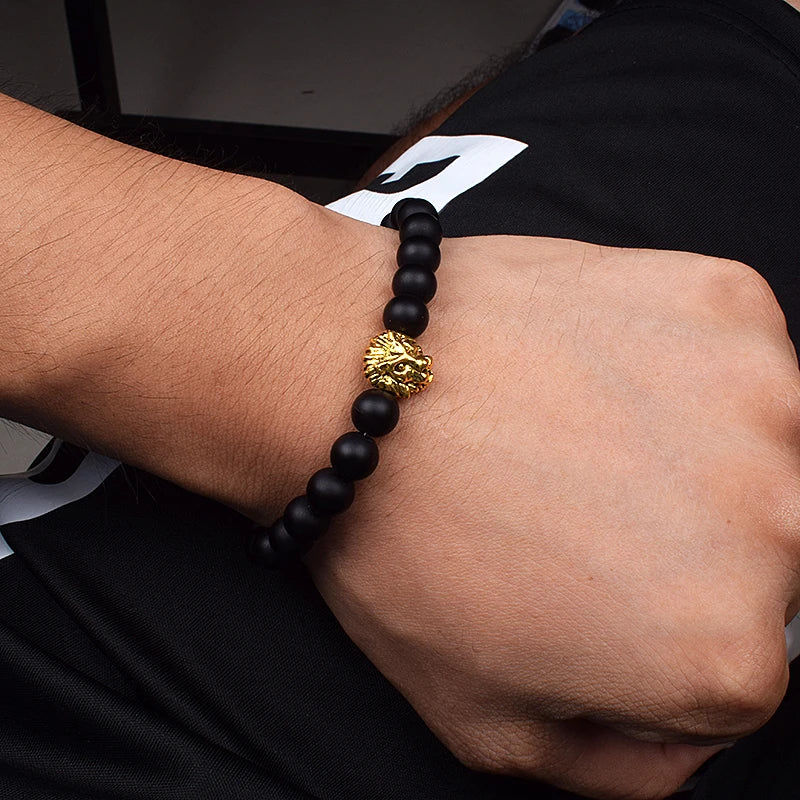 Obsidian Lion Head Charm Bracelet - Bold Beaded Energy Jewelry