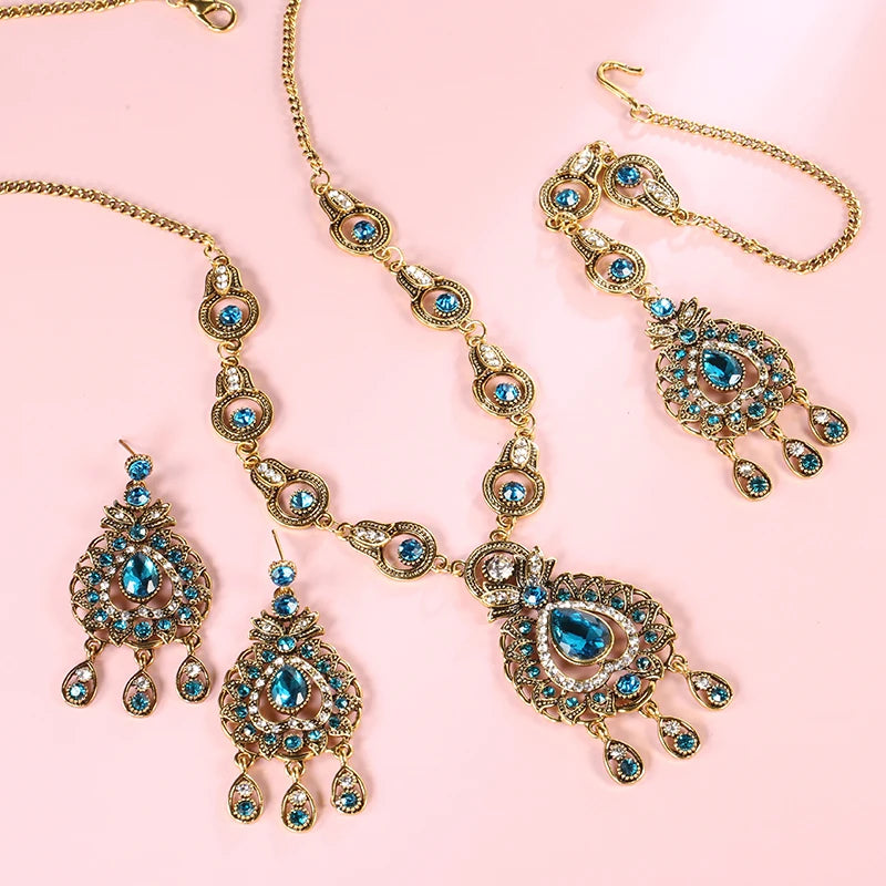 Blue Crystal Vintage Jewelry Set - Necklace, Bracelet & Ring