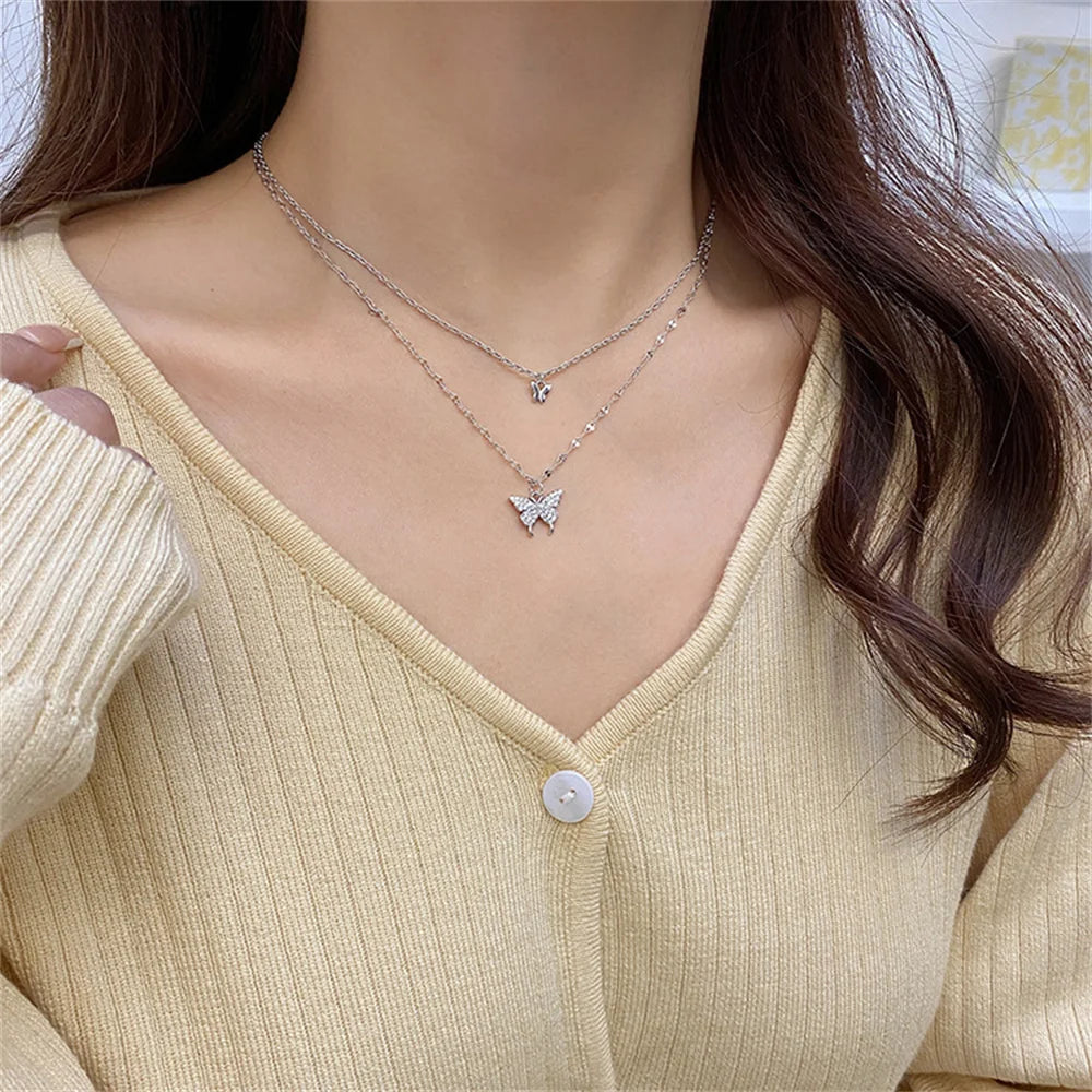 Silver Shiny Butterfly Necklace - Sparkling Feminine Statement