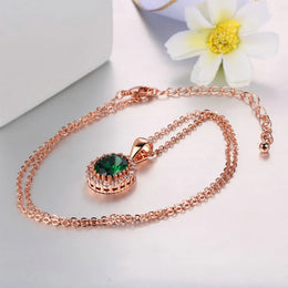 Rose Gold Green Crystal Pendant Necklace - Elegant Statement Jewelry