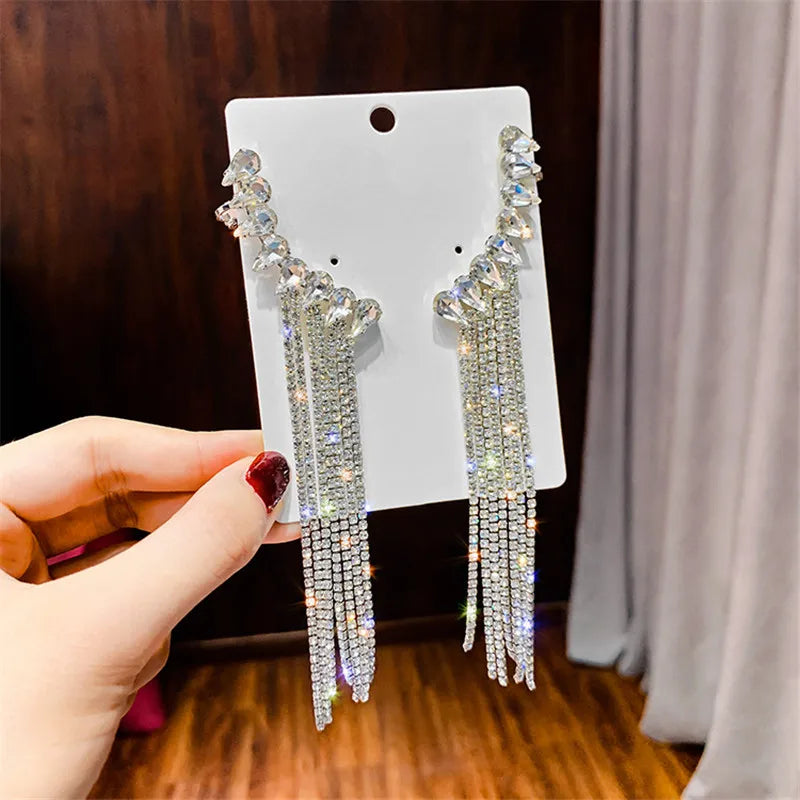 Vintage Rhinestone Crystal Tassel Earrings - Geometric Wing Fashion Jewelry