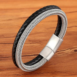 Multilayer Braided Black Leather Bracelet - Men's Magnetic Clasp Style