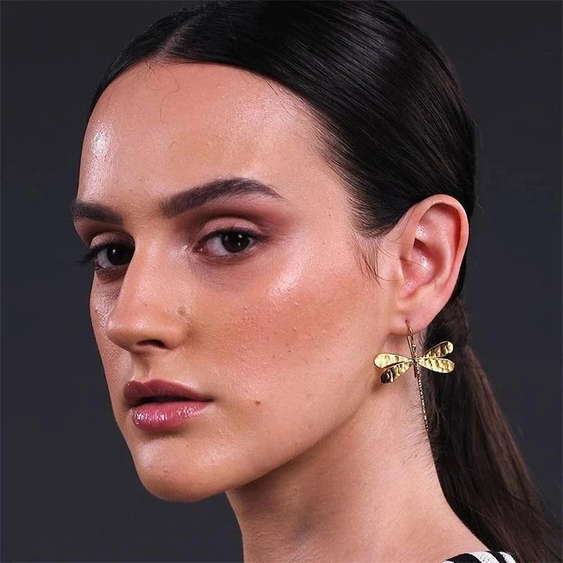 Simple 3D Dragonfly Drop Earrings - Bohemian Nature Jewelry