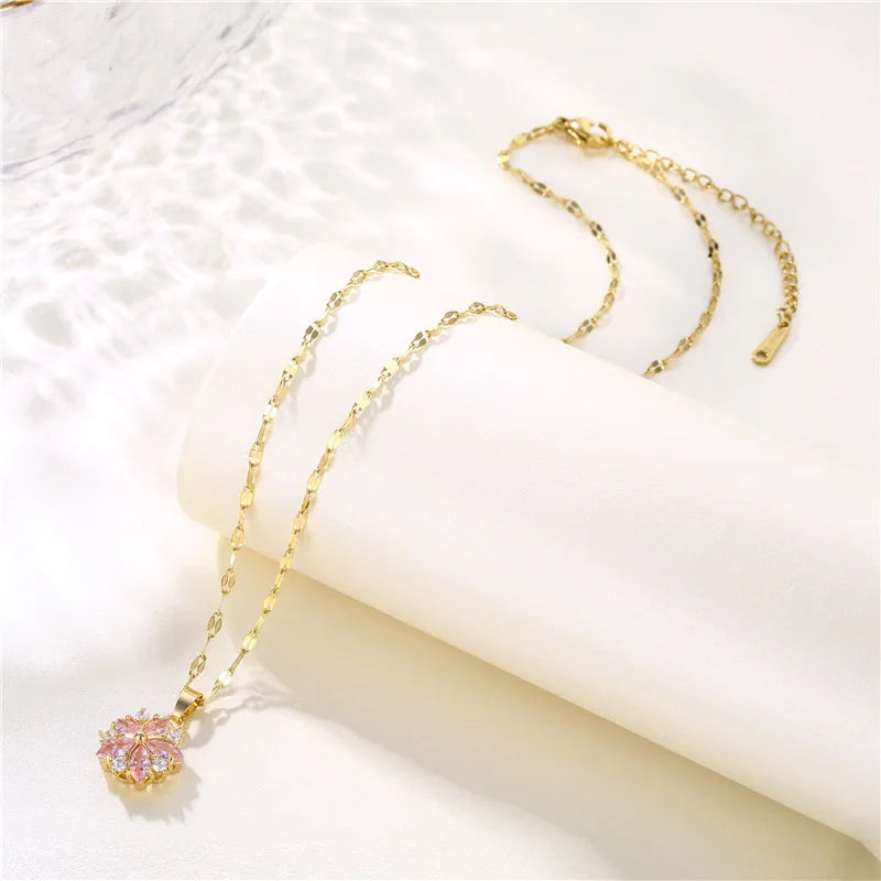 Pink Crystal Sakura Pendant Necklace - Feminine Floral Sparkle