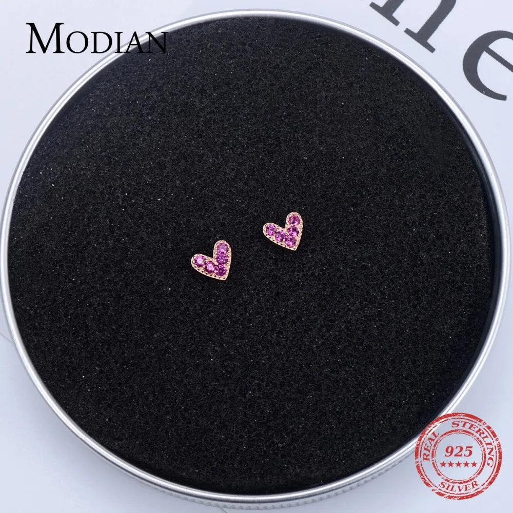 Genuine 925 Sterling Silver Heart Pink Stud Earrings - Romantic Jewelry
