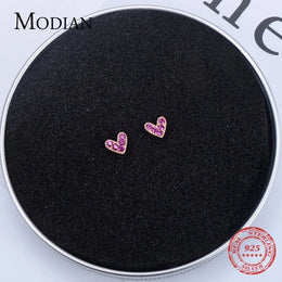 Genuine 925 Sterling Silver Heart Pink Stud Earrings - Romantic Jewelry