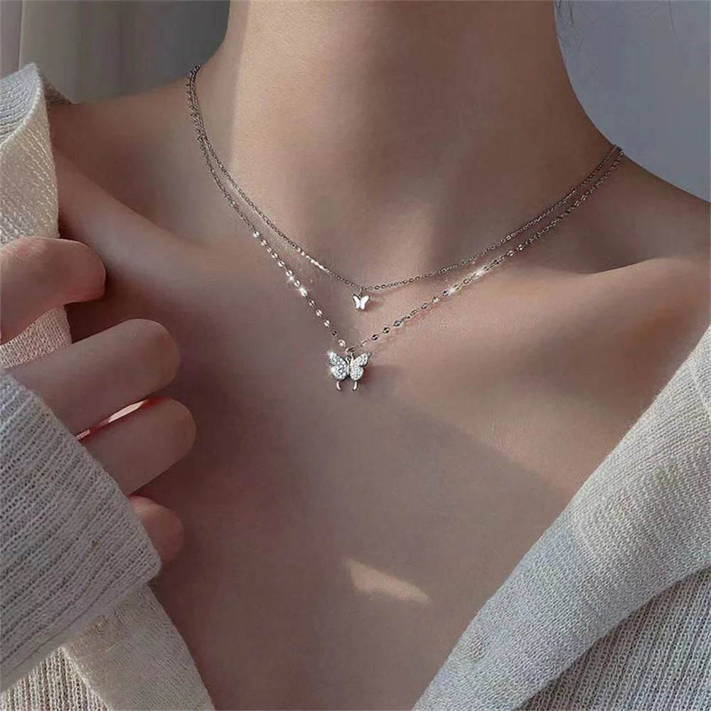 Silver Shiny Butterfly Necklace - Sparkling Feminine Statement