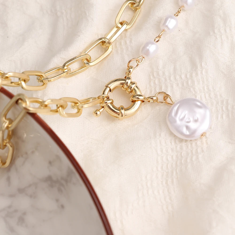 Layered Pearl Thick Chains Pendant Necklace - Trendy Statement Style