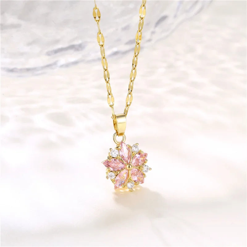 Pink Crystal Sakura Pendant Necklace - Feminine Floral Sparkle