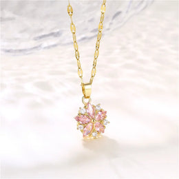 Pink Crystal Sakura Pendant Necklace - Feminine Floral Sparkle