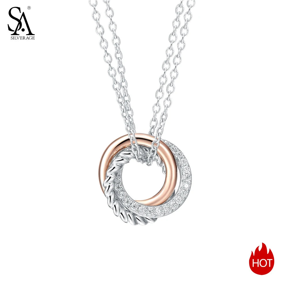 925 Sterling Silver Long Necklace - Rose Gold Zircon Pendant