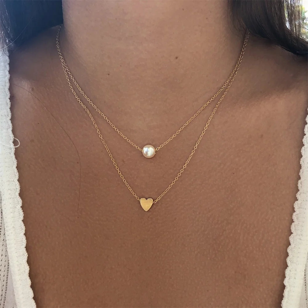 Sweet Double Layers Heart Pendant Necklace - Imitation Pearl Design