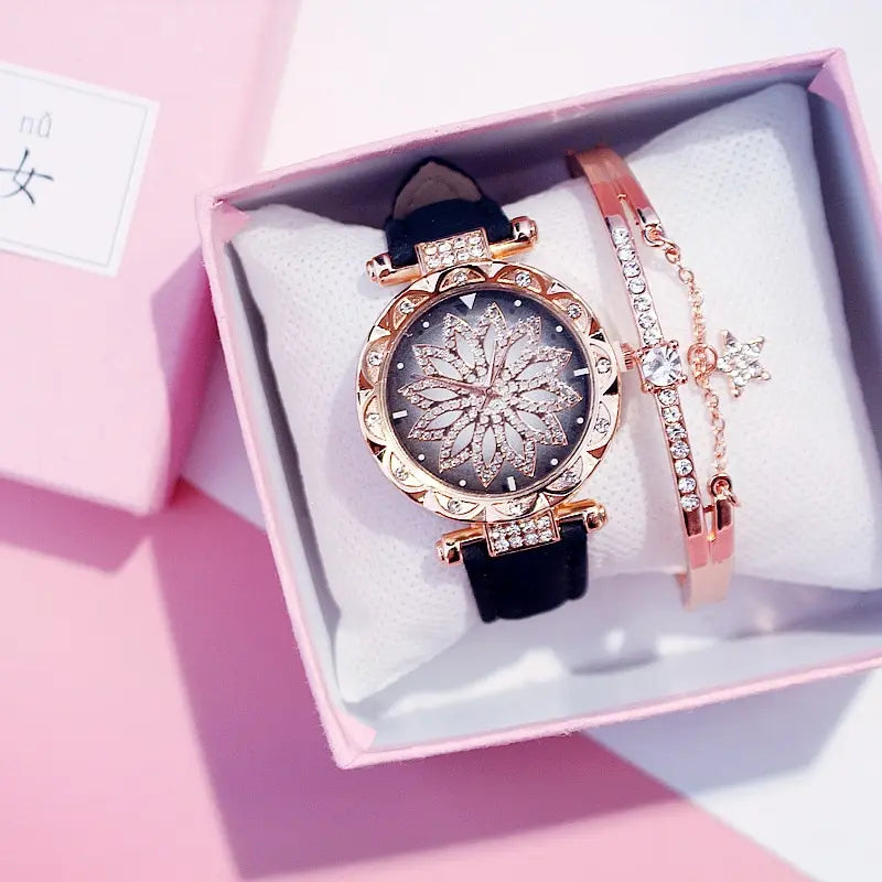 Lucky Flower Luxury Ladies Rhinestone Watch & Bracelet Set - Complete Collection