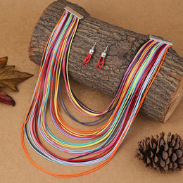Multilayer Leather Pendant Necklace and Earrings - Bohemian Jewelry Set