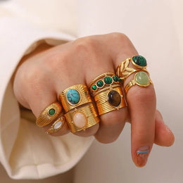 Natural Stone Stainless Steel Ring - Classic Round Design