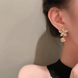 Rose Gold Pearl Flower Dangle Earrings - Elegant Rhinestone Fashion Jewelry
