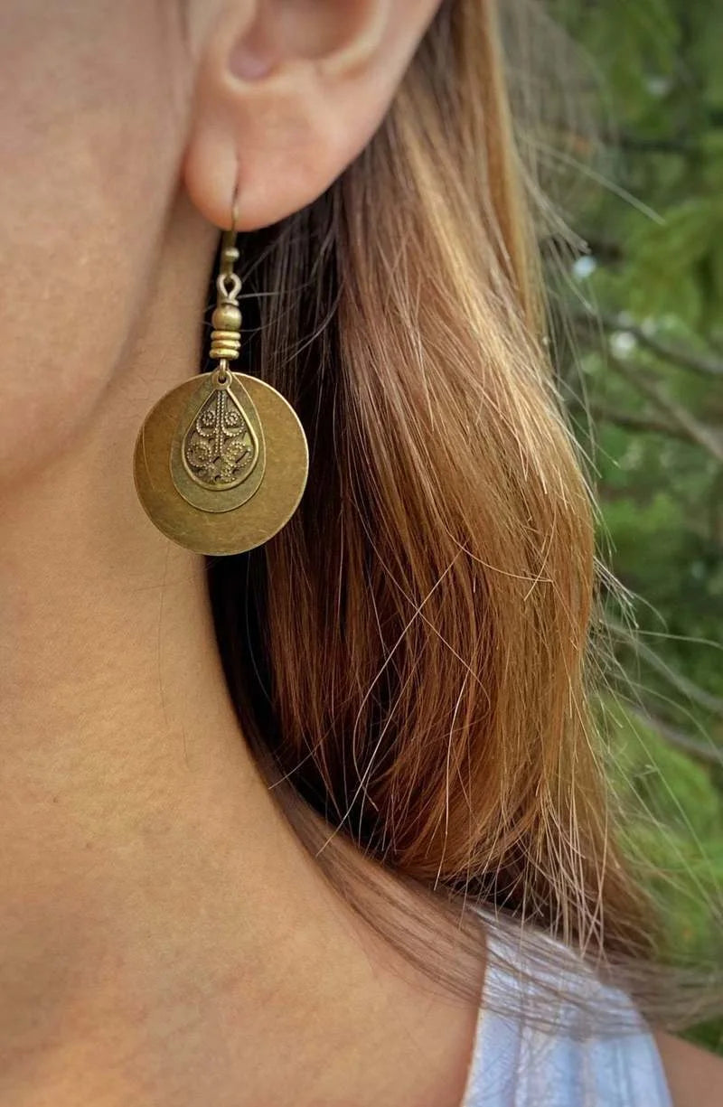 Ethnic Round Bronze Carved Earrings - Zinc Alloy Fashion Drop Jewelry