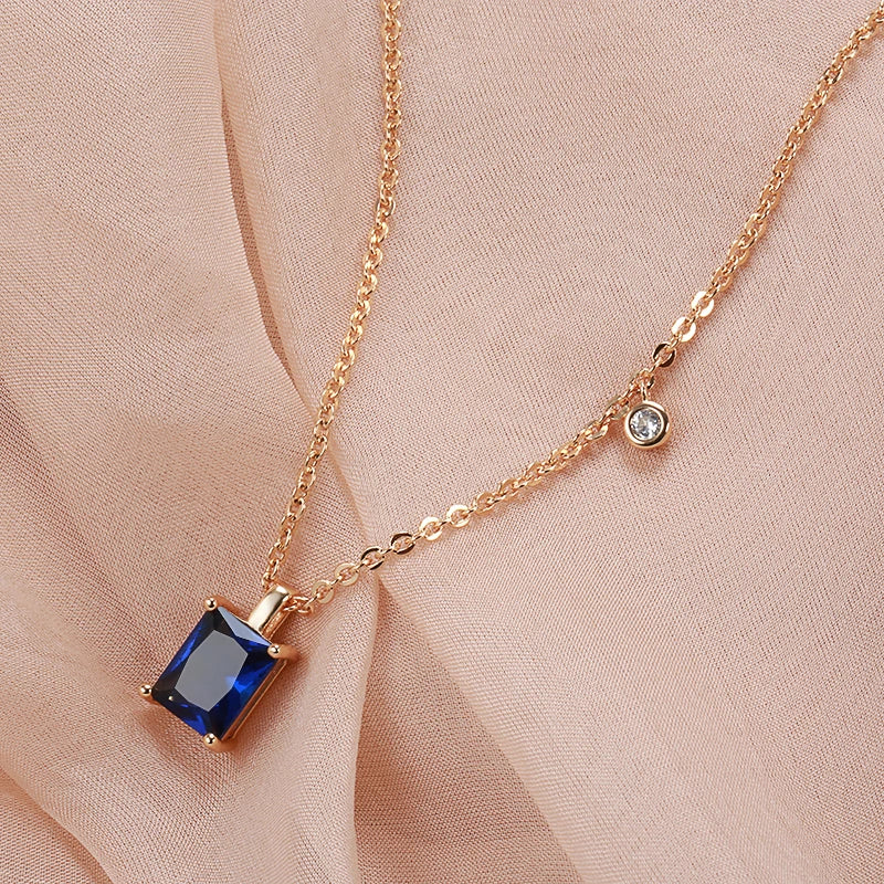 Square Cut Blue Zircon Pendant Necklace - 585 Rose Gold Elegance