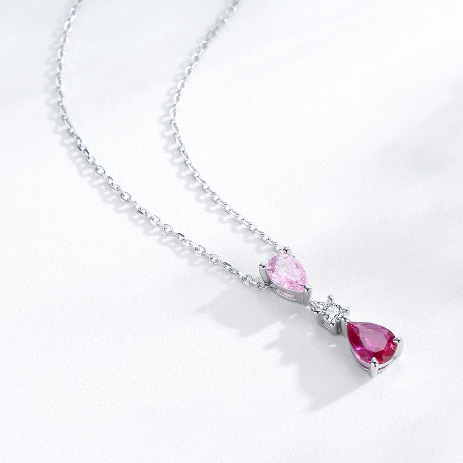 925 Sterling Silver Pink Zircon Charm Necklace - Feminine Sparkle Jewelry