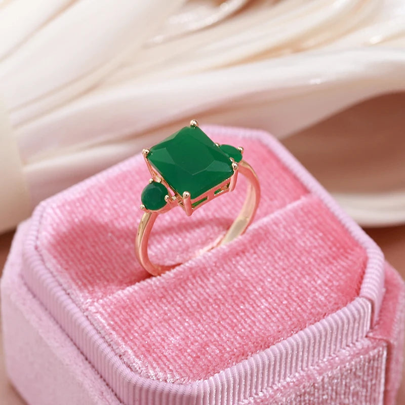 Square Big Dark Green Natural Zircon Ring - Vintage Geometric Statement