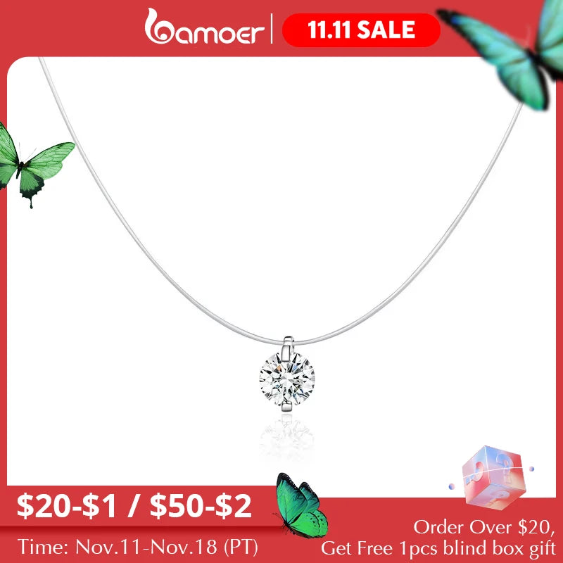 Silver Invisible Chain Necklace - Floating Zircon Pendant
