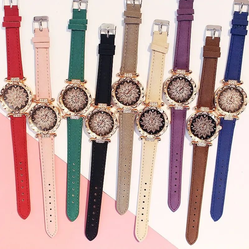 Lucky Flower Luxury Ladies Rhinestone Watch & Bracelet Set - Complete Collection