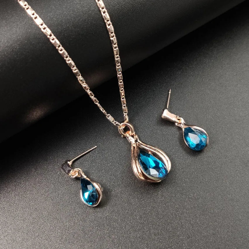 Water Drop Blue Necklace and Earrings Set - Teardrop Crystal Jewelry Collection